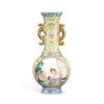 A yellow-ground famille-rose 'European figures' vase, Qing dynasty, 19th century  清十九世紀 黃地粉彩開光西洋人物圖雙耳瓶  《乾隆年製》仿款