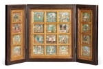 Triptych formed of 20 miniatures from a late-15th century Book of Hours, mounted in a wooden frame