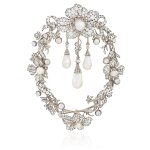 Exceptional and highly important natural pearl and diamond devant-de-corsage, circa 1865