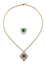  EMERALD AND DIAMOND RING; AND SAPPHIRE AND DIAMOND PENDENT NECKLACE | 祖母綠 配 鑽石 戒指; 及 藍寶石 配 鑽石 項鏈