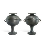 A pair of inscribed bronze food vessels and covers, dou, Eastern Zhou dynasty 東周 青銅銘文高足豆一對