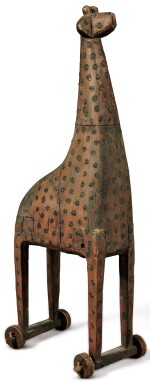 VERY RARE CARVED AND PAINT-DECORATED GIRAFFE PULL-TOY, PROBABLY PENNSYLVANIA, CIRCA 1850-80