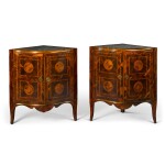 A pair of South Italian gilt-metal mounted and inlaid kingwood parquetry corner cupboards, probably Sicily, circa 1760