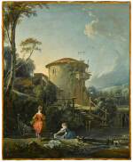 A capriccio view of a mill and a dovecote, with a washerwoman and a girl holding a basket