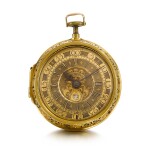 A gold pair cased quarter repeating repoussé verge watch with pulse piece Circa 1720