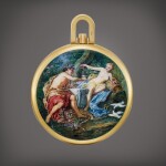 Reference 866/73 | A unique yellow gold open face keyless watch with enamel miniature depicting Bacchus and Venus, painted by Helen May Mercier, Made in 1976 | 百達翡麗 | 型號866/73 | 獨一無二黃金懷錶，配 HELEN MAY MERCIER 繪製的巴克斯與維納斯微繪琺瑯，1976年製