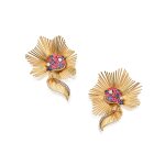 Pair of Gold, Ruby, Sapphire and Diamond Earclips