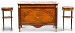 A SUITE OF NEOCLASSICAL STYLE GILT-BRONZE MOUNTED MAHOGANY AND SATINWOOD MARQUETRY FURNITURE 20TH CENTURY