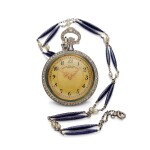 A platinum, yellow gold, enamel and diamond set pendant watch with necklace, Made in 1909