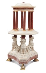 An Italian Neoclassical Gilt Bronze-Mounted Specimen Marble Model of a Tempietto, Mounted on an Associated Statuary Marble Tripod Base, 19th Century