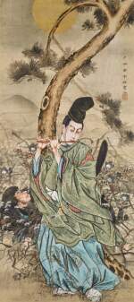 Tsukioka Yoshitoshi (1839-1892) | Fujiwara no Yasumasa Playing the Flute by Moonlight | Meiji period, late 19th century 