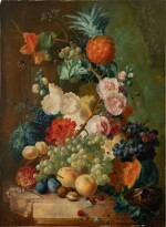 Still life of flowers and fruit arranged on a marble ledge