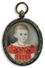 AMERICAN SCHOOL, 19TH CENTURY | MINIATURE PORTRAIT OF A GIRL IN A RED DRESS WITH A CORAL NECKLACE