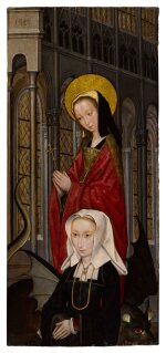 Saint Margaret of Antioch and a kneeling donor figure in a Gothic church
