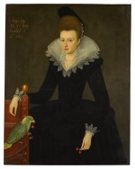 Portrait of Bridget Astley, Lady Knatchbull (1570-1625), three-quarter length, in a black dress with a white ruff, her right arm resting on a chair with a parrot on its armrest