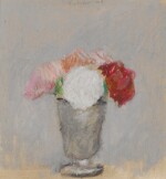 Red, Pink and White Flowers in a Vase Against a Grey Background