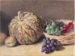 Still life with squash, peaches, grapes and a pepper