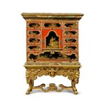A German Rococo Revival Gilt, Red and Black Japanned Bureau Cabinet on Carved Gilt Wood Stand, Circa 1900