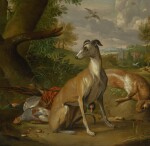  ENGLISH SCHOOL, 18TH CENTURY |  A SPORTING STILL LIFE WITH A GREYHOUND SURROUNDED BY GAME IN A LANDSCAPE
