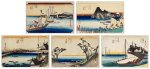 Utagawa Hiroshige (1797-1858) | Five woodblock prints from the series Fifty-three Stations of the Tokaido (Tokaido gojusan tsugi no uchi), also known as the First Tokaido or Great Tokaido | Edo period, 19th century