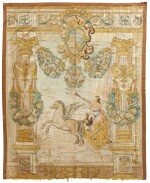 A Continental mythological and armorial silk panel, probably Spanish or Italian, 17th century
