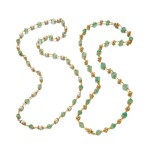 Two Gold, Cultured Pearl and Emerald Necklaces