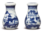 TWO RARE CANTON BLUE AND WHITE PEPPER SHAKERS | QING DYNASTY, EARLY 19TH CENTURY | 清十九世紀初 青花山水圖胡椒罐兩件