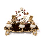 A LOUIS XV GILT BRONZE, LACQUER AND PORCELAIN-MOUNTED INKSTAND, MID-18TH CENTURY