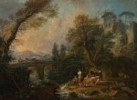 NICOLAS JACQUES JULLIARD |  A pastoral landscape with herders and their animals resting beside a river, a bridge beyond