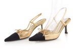 PAIR OF GOLD LEATHER AND BLACK CAP TOE SLINGBACK HEELS, CHANEL