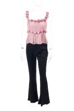 Black silk trousers and powder pink top