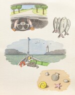 Quatre dessins sur une même feuille : un homme conduisant une voiture dans la campagne, quatre poissons, la proue d’un bateau et des coquillages