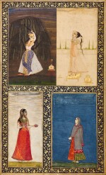 An album page with four portraits of ladies, India, Mughal and Rajput, circa 1750