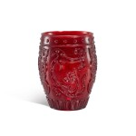 An imperial ruby-red glass archaistic 'chilong' cup, Seal mark and period of Qianlong 清乾隆 御製寶石紅料仿古螭龍鋪首紋盃 《乾隆年製》款