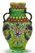 A J. & L. LOBMEYR GILDED AND ENAMELLED TWO-HANDLED GREEN GLASS VASE, SIGNED WITH MONOGRAM, VIENNA, LATE 19TH CENTURY