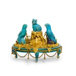 A gilt-bronze mounted turquoise porcelain group, the porcelain Qing dynasty, Kangxi period (1662-1722), the mounts French 19th century