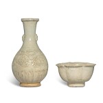 Two Qingbai-type vessels, Qing dynasty or earlier | 清或更早 青白釉系盌及印花長頸瓶一組兩件