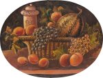 A pair of still lifes with various fruits in wicker baskets