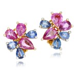 Pair of pink and blue sapphire and diamond ear clips
