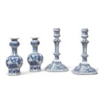A PAIR OF DUTCH DELFT BLUE AND WHITE SMALL BOTTLE VASES, CIRCA 1700, AND A PAIR OF CANDLESTICKS, 19TH CENTURY