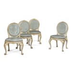 A set of four white painted and parcel-gilt side chairs, possibly German, mid-18th century