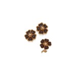GOLD, WOOD AND DIAMOND 'CLÉMATITE' CLIP-BROOCH AND PAIR OF EARCLIPS, VAN CLEEF & ARPELS, FRANCE