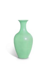 A rare pistachio-green enamelled vase, Mark and period of Yongzheng | 清雍正 綠彩撇口瓶 《大清雍正年製》款
