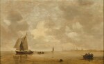 A view of an estuary with figures in a wijdschip and a rowing boat