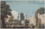 MARCO RICCI | THE WALLED COURTYARD OF A VILLA WITH STATUES AND FIGURES  