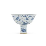 A blue and white stem bowl, Ming dynasty, second half of 15th century | 明十五世紀下半葉 青花魚藻紋高足盌