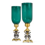 A pair of Regency gilt-lacquered and patinated brass storm lights by Cheney London, circa 1810, after a design by G. A. Glick 