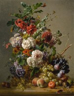 Hendrik Reekers | DAHLIAS, NASTURTIUMS, ROSES AND OTHER FLOWERS IN A COPPER EWER WITH PLUMS, GRAPES AND PEACHES ON A MARBLE LEDGE