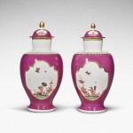 A pair of Meissen Augustus Rex purple-ground baluster vases and covers, Circa 1730 