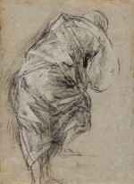 Study of a man, seen from behind, stepping to the right, heavily draped